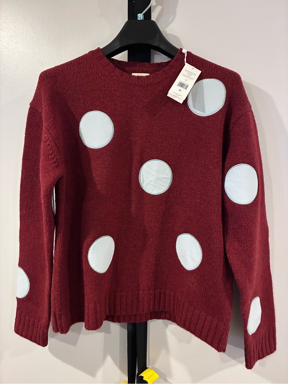 Tory Burch Women’s Wine Red Crewneck Sweater with White Dot Accents